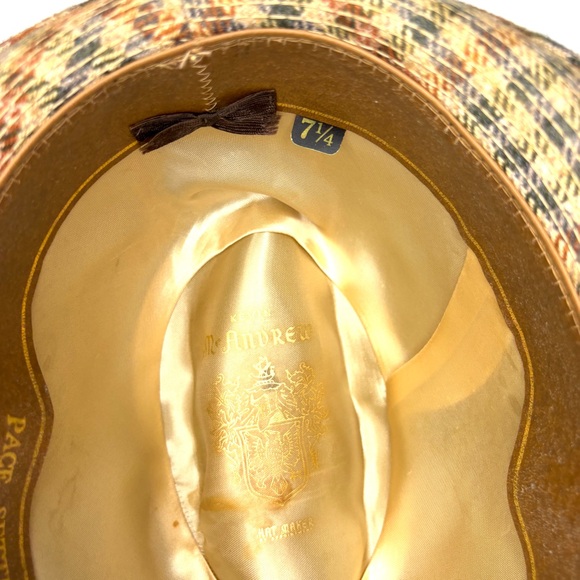 Fedora Hat Kevin McAndrew Tweed Plaid Mens 7 1/4 Brown Tan Feathers Jazz Vintage - Picture 9 of 10